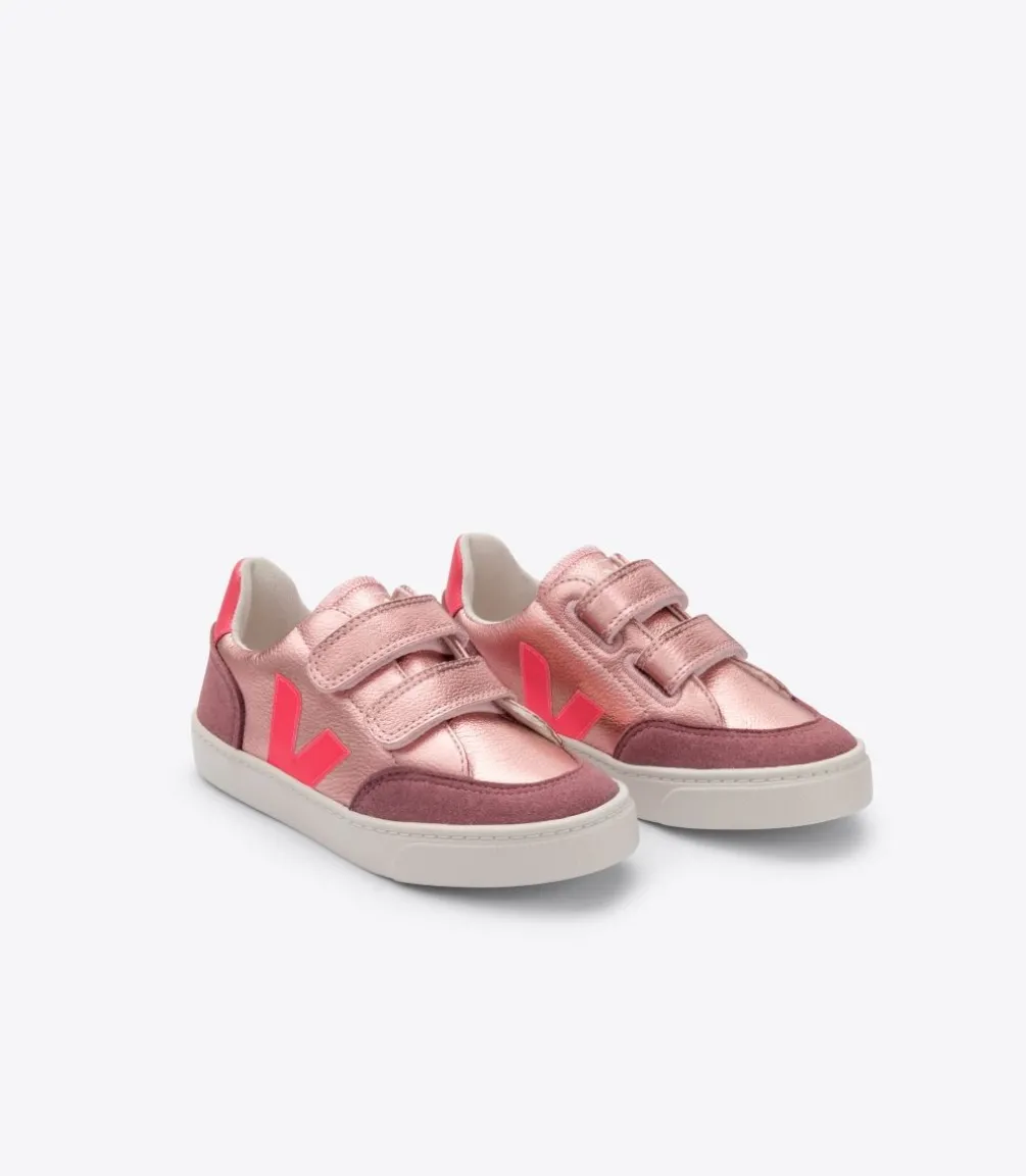 Kinder VEJA V-12 LEATHER NACRE ROSE FLUO