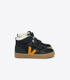 Kinder VEJA V-10 MID FURED LEATHER BLACK OURO GRAFITE